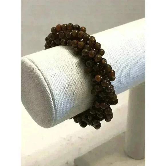 Unknown Jewelry - Vintage Stretch Brown Beaded Bangle Bracelet Chunky Retro Bohemian Balinese Poly